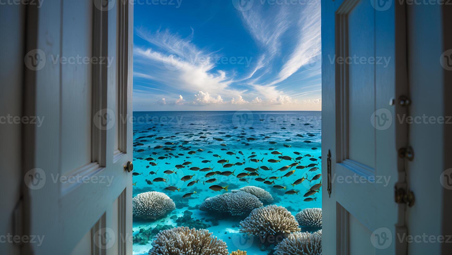 Ocean View Through Open Door with Fish and Coral Reefs photo
