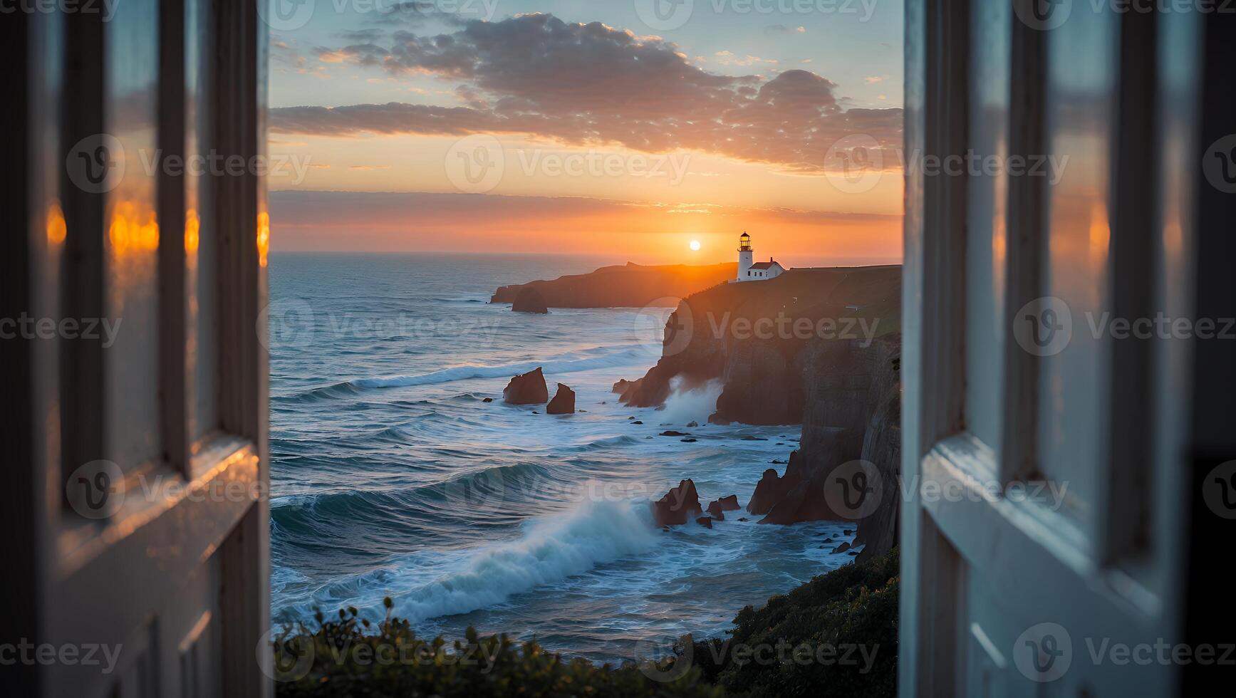 Lighthouse View From Open Door at Sunset with Crashing Waves photo
