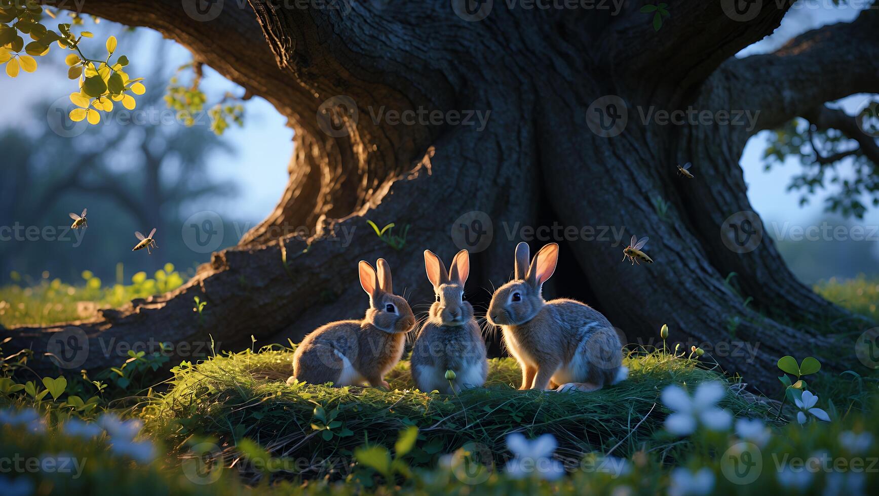 Three Rabbits Sitting in Grass by Tree Roots at Dusk photo