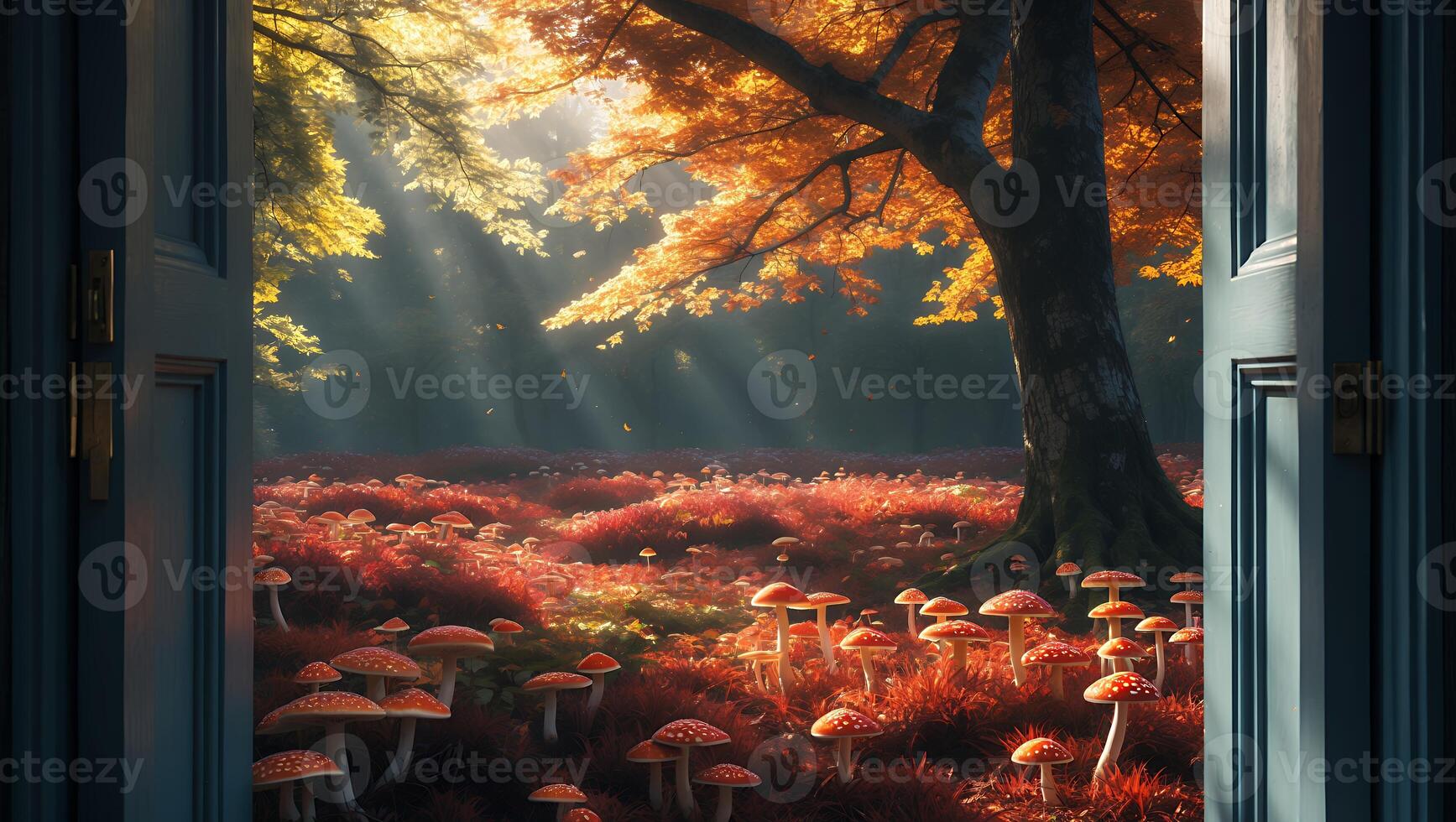 Open Door View Into Dreamlike Forest with Mushrooms and Sunlight photo