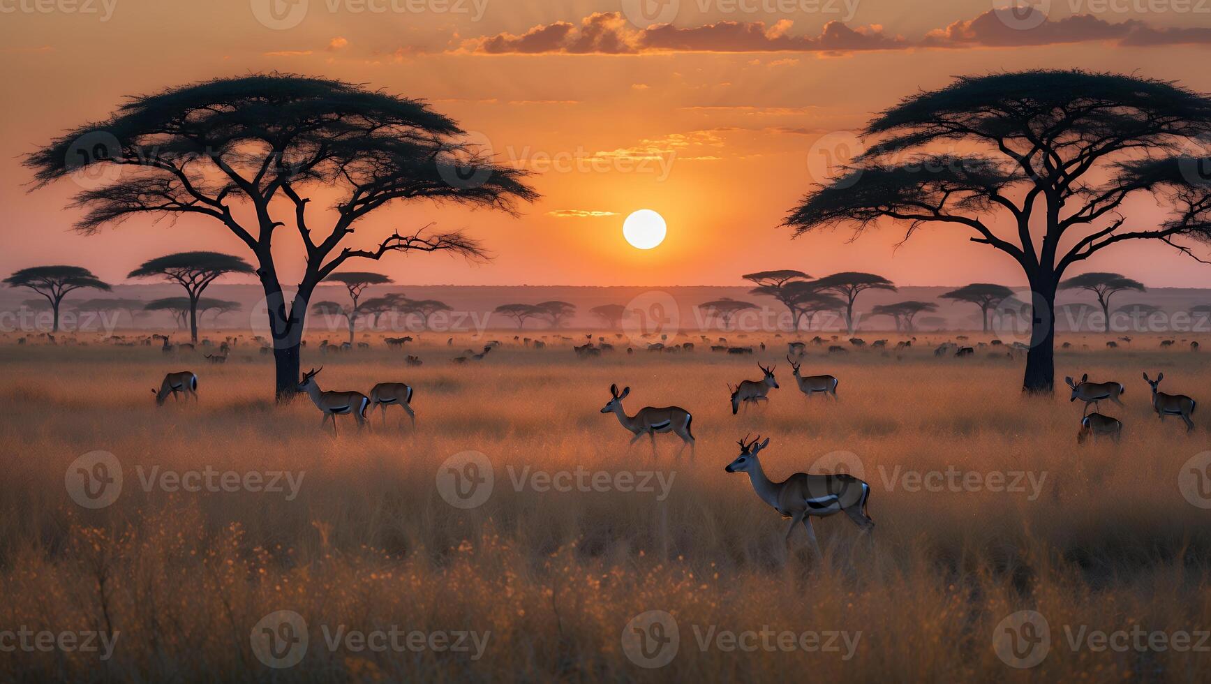 Antelope Grazing in Savannah Grassland at Sunset with Silhouetted Trees photo