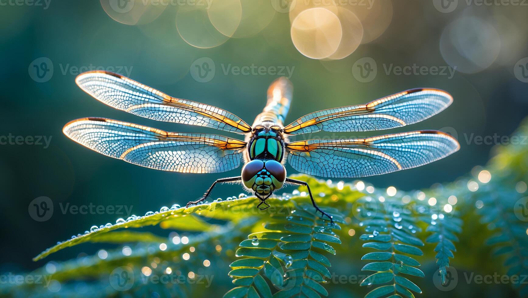 Dragonfly Resting on Fern Leaf with Morning Dew Close Up photo