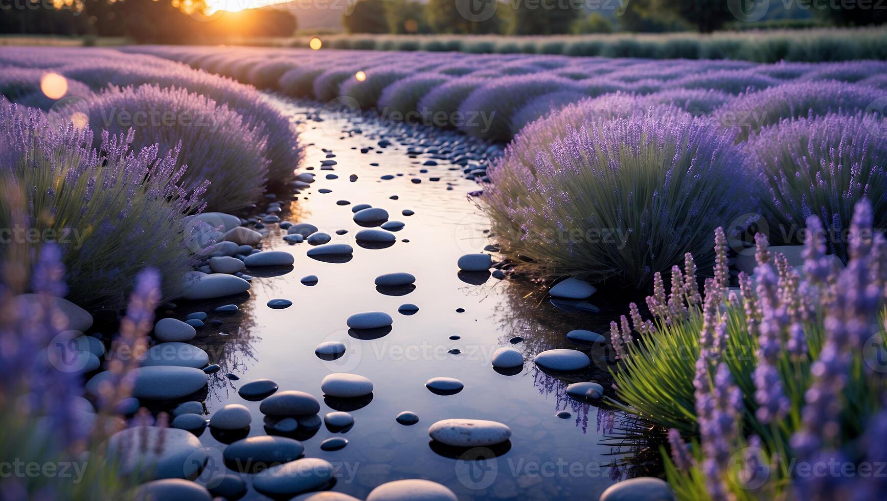 Lavender Field and River at Sunset Serene Natural Landscape photo