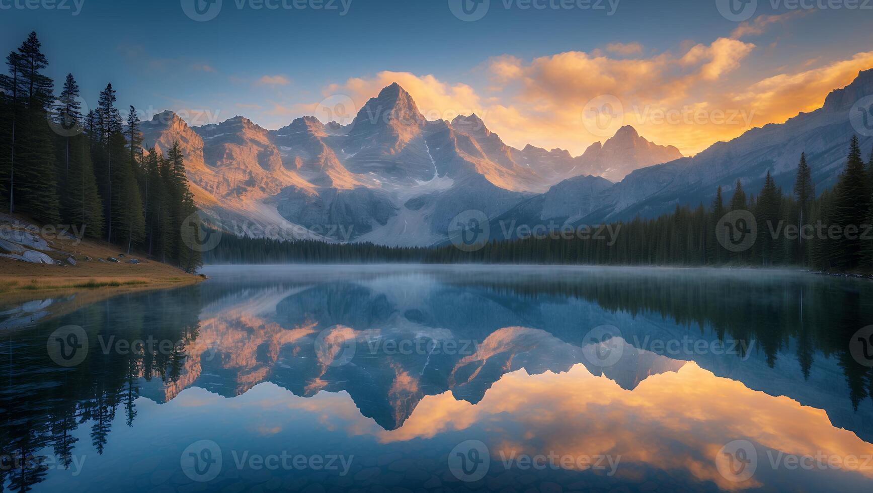 Mountain Reflection in Lake at Sunrise with Trees and Cloudy Sky photo
