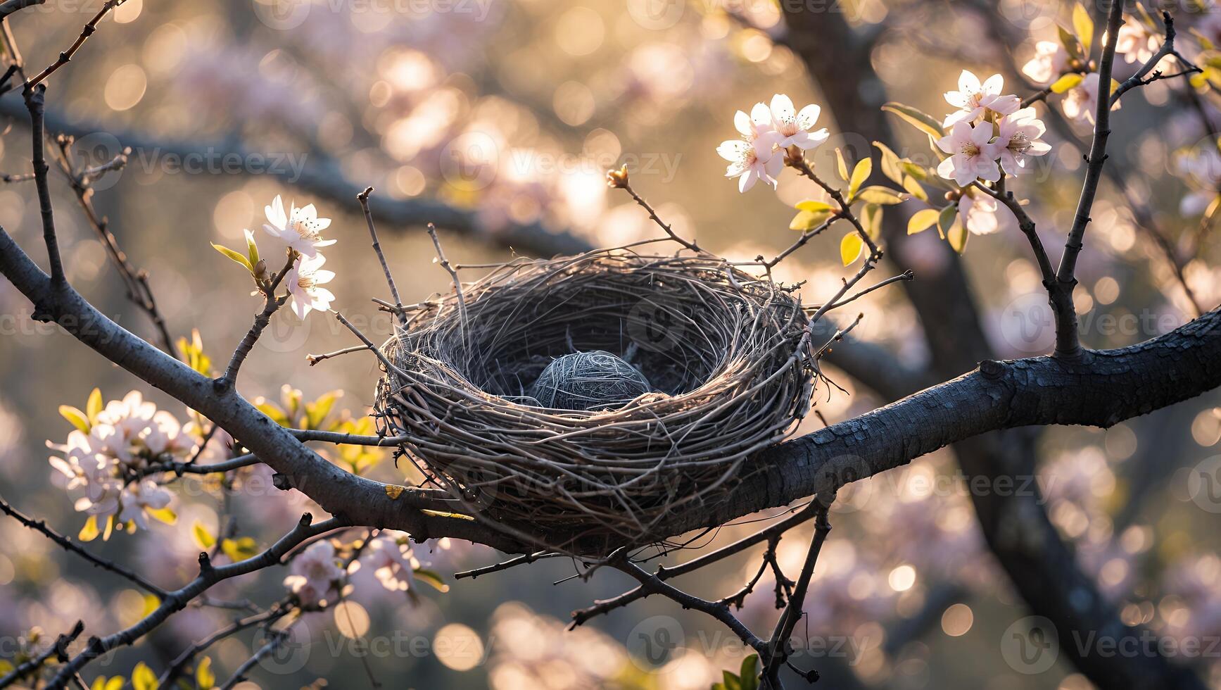 Bird Nest in Blooming Tree with Egg Resting Inside Still Life photo
