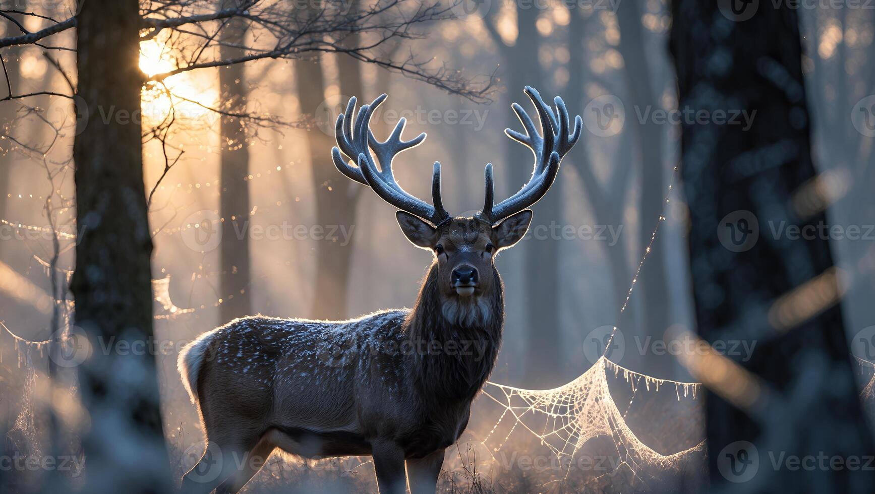 Deer Standing in Forest with Sunlight and Spiderweb in Winter photo
