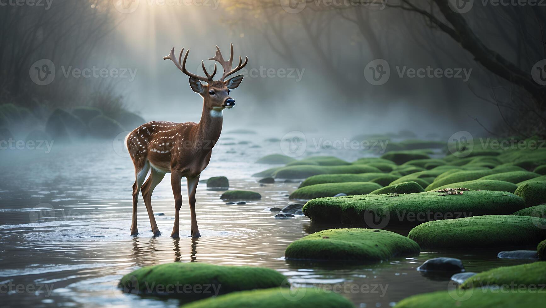 Deer Standing in River with Fog and Moss Covered Rocks photo