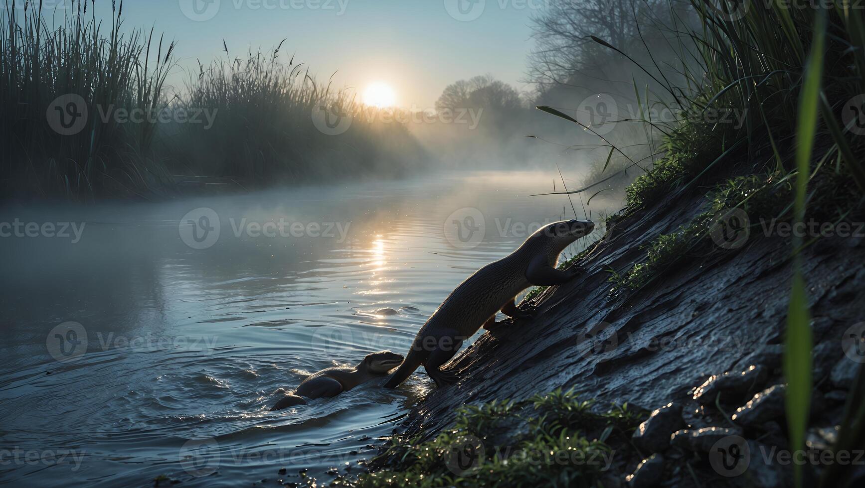 Otter Emerging From Water in Misty River at Sunrise photo