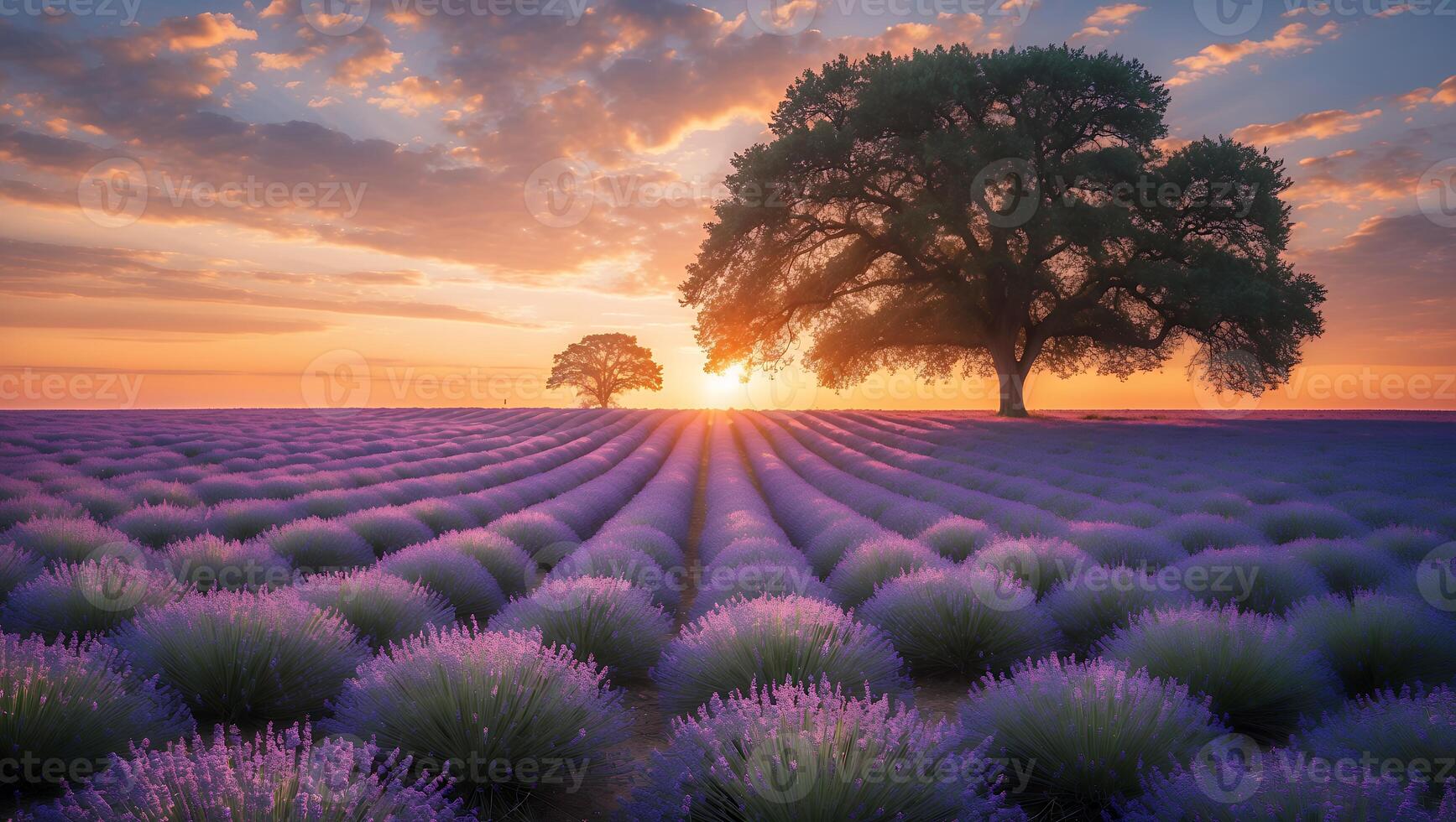 Lavender Field at Sunset with Trees and Dramatic Sky Landscape photo