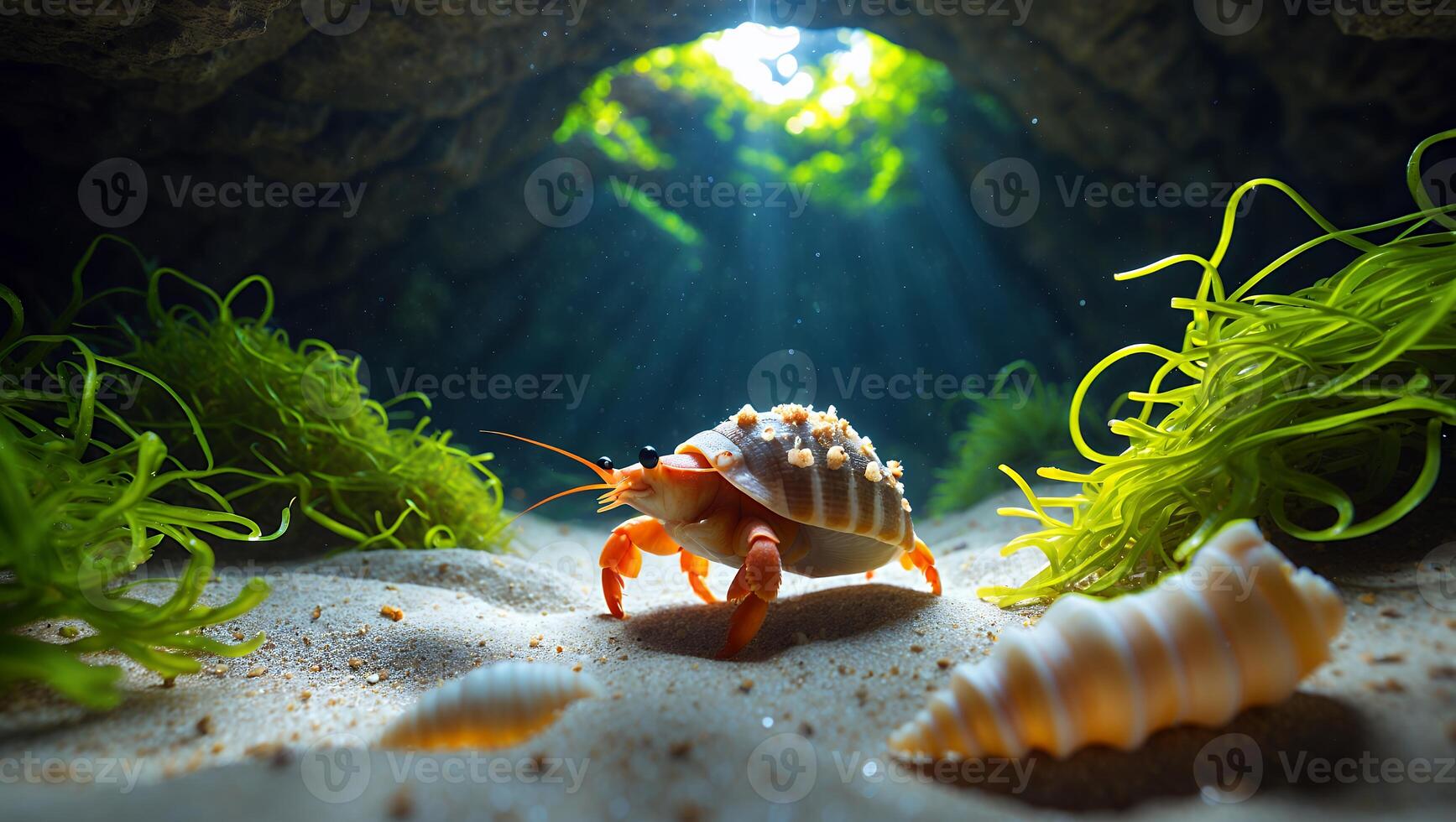 Walking Crab Underwater Exploring Sandy Bottom with Seaweed and Shell photo