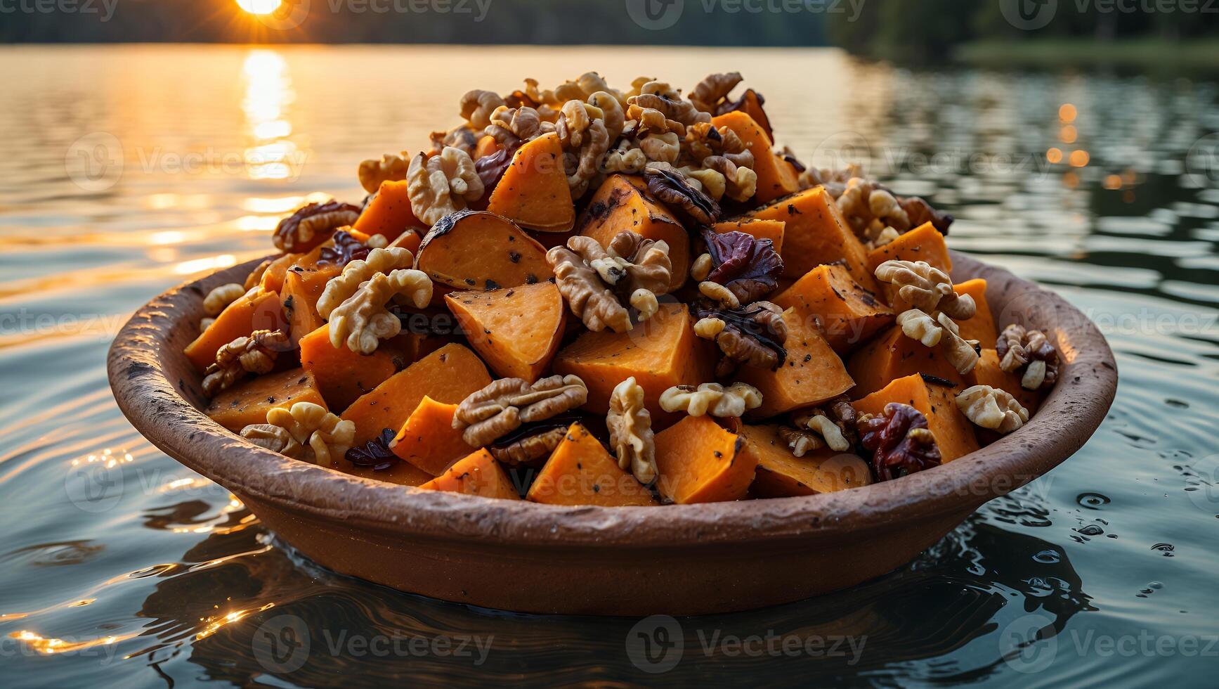 Sweet Potato Salad with Walnuts in a Bowl on Water Surface photo