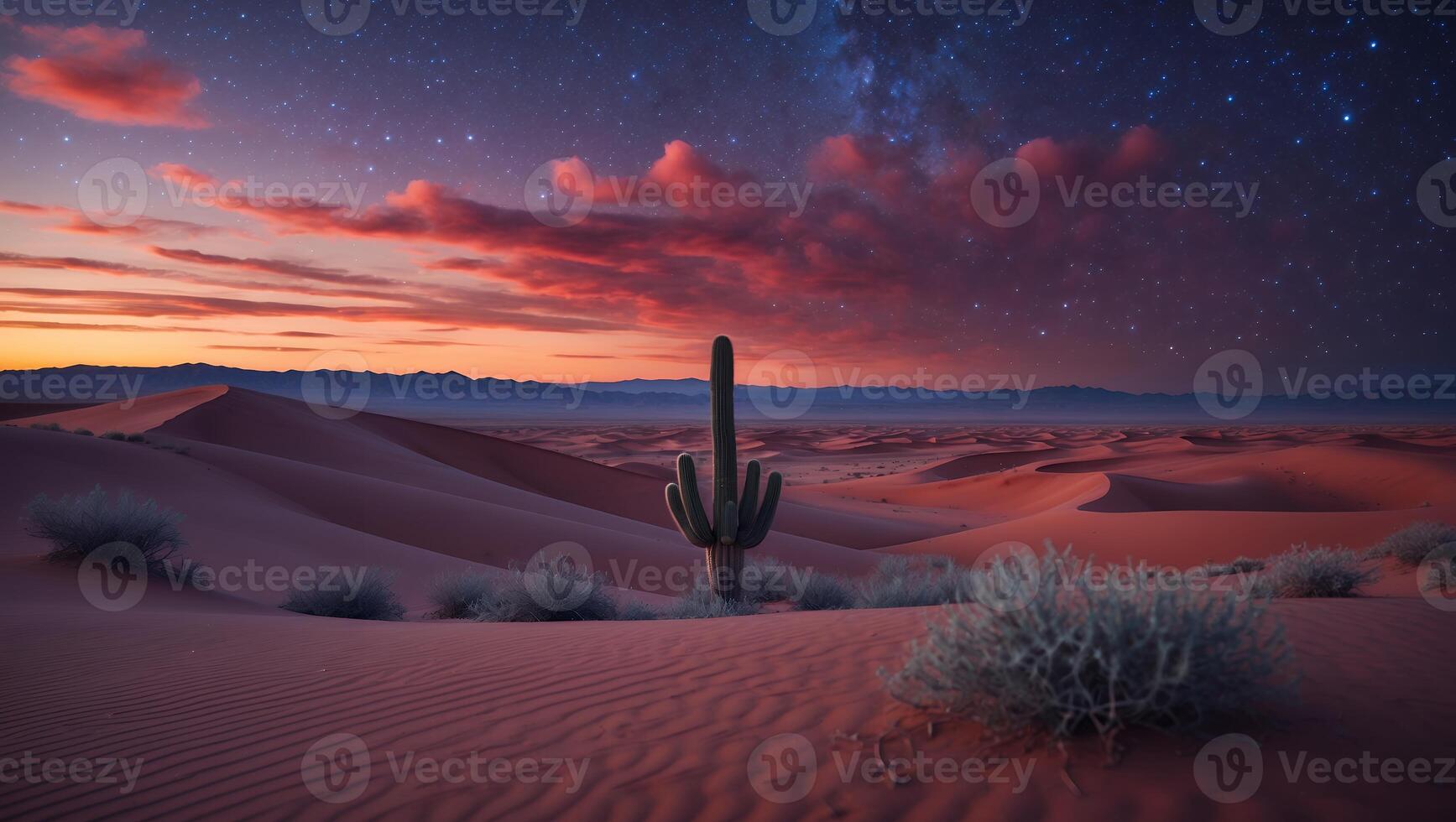 Desert Landscape with Cactus, Sand Dunes, and Starry Night Sky photo