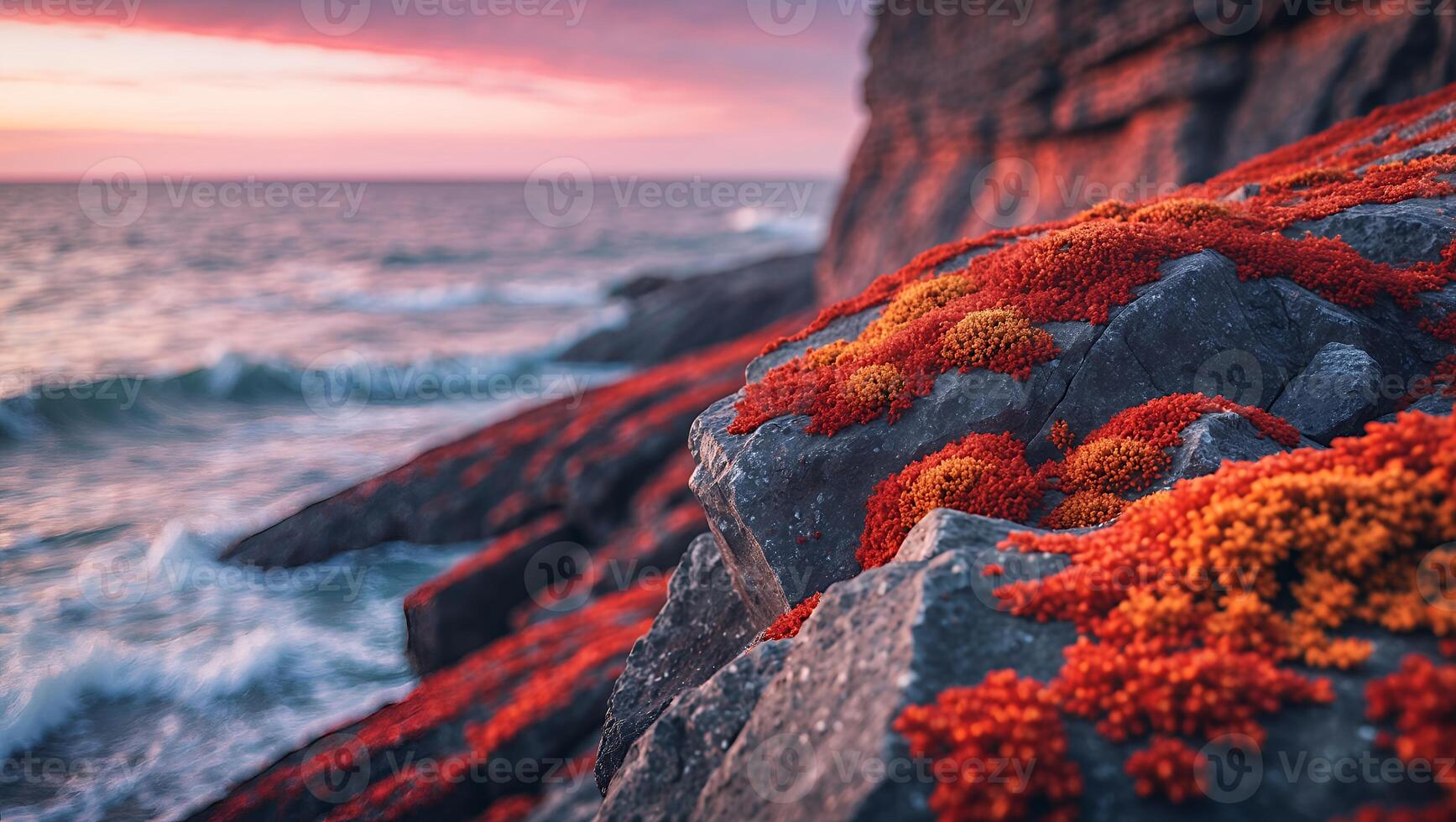 Coastal Rock Formation at Dusk with Vibrant Red and Orange Moss photo