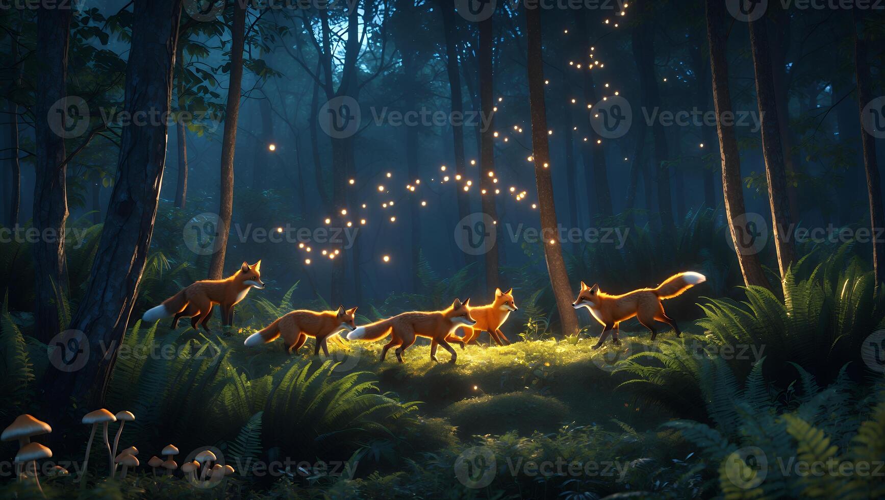 Foxes Walking Through Enchanted Forest with Glowing Lights and Ferns photo