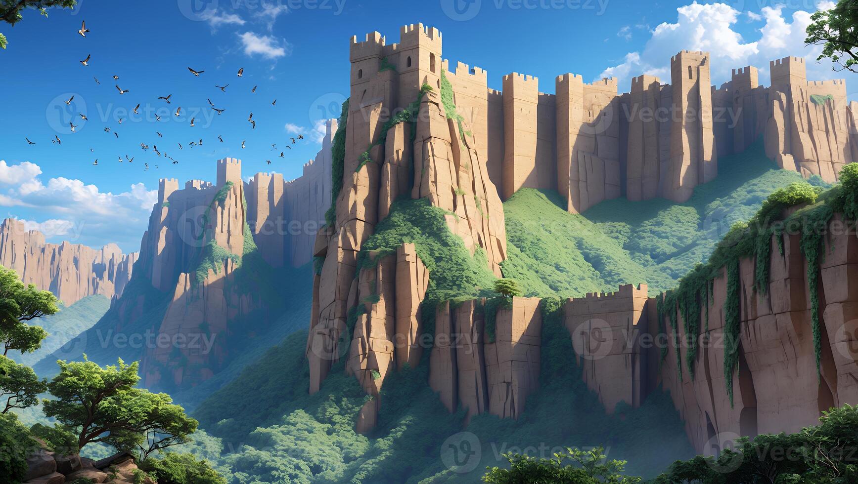 Massive Stone Wall on Cliffs with Greenery and Blue Sky photo
