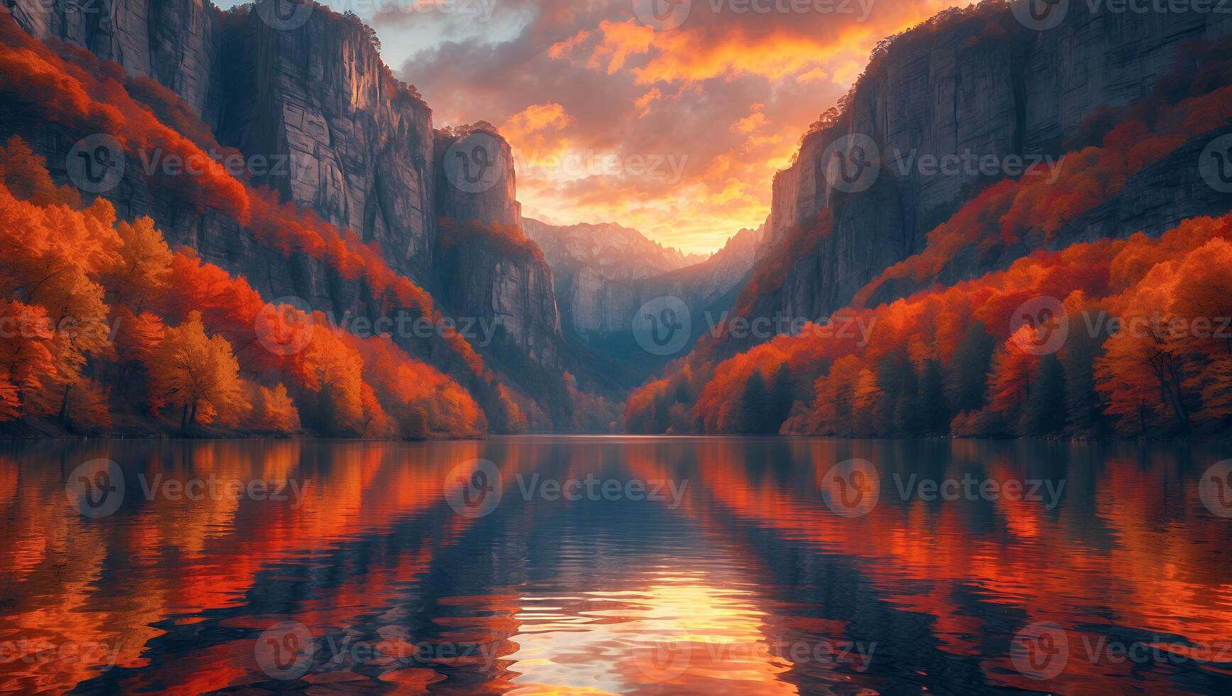 Still Lake Reflecting Autumnal Cliffs and Orange Sunset Scenery photo