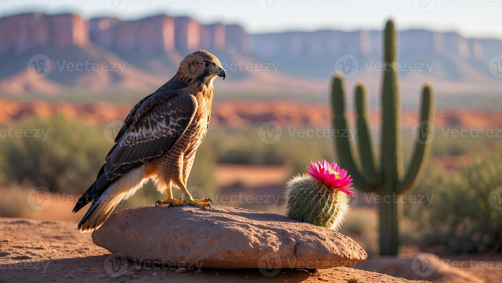 Hawk Perched on Rock in Desert Landscape with Blooming Cactus photo