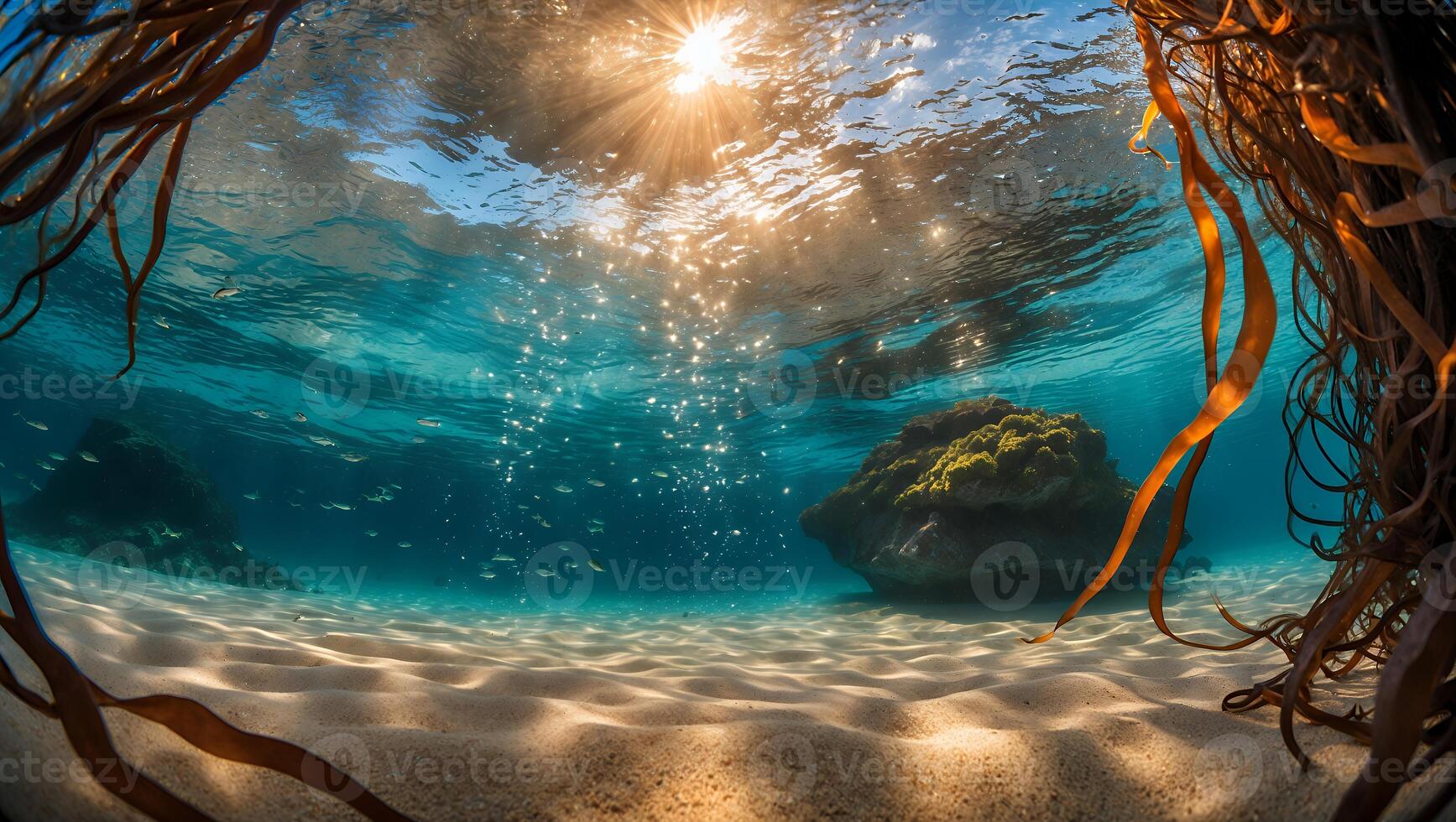 Underwater View of Sandy Seabed with Sunlight and Floating Particles photo
