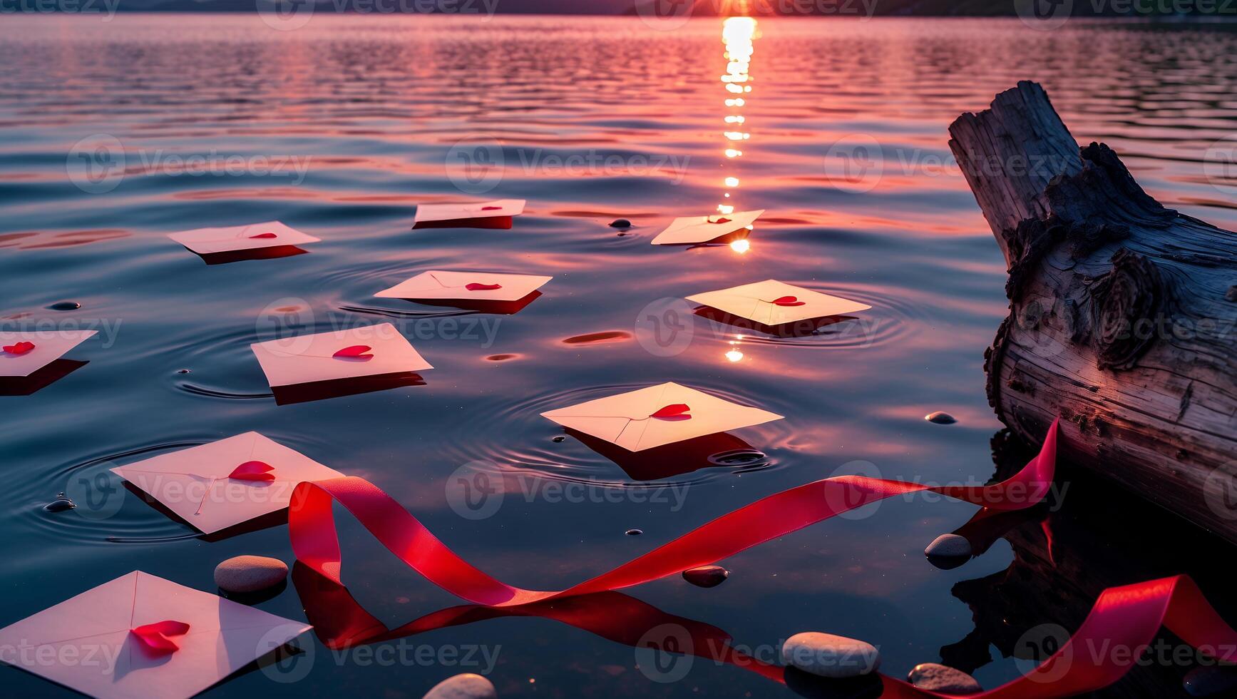 Letters with Heart Floating on Water at Sunset with Ribbon photo
