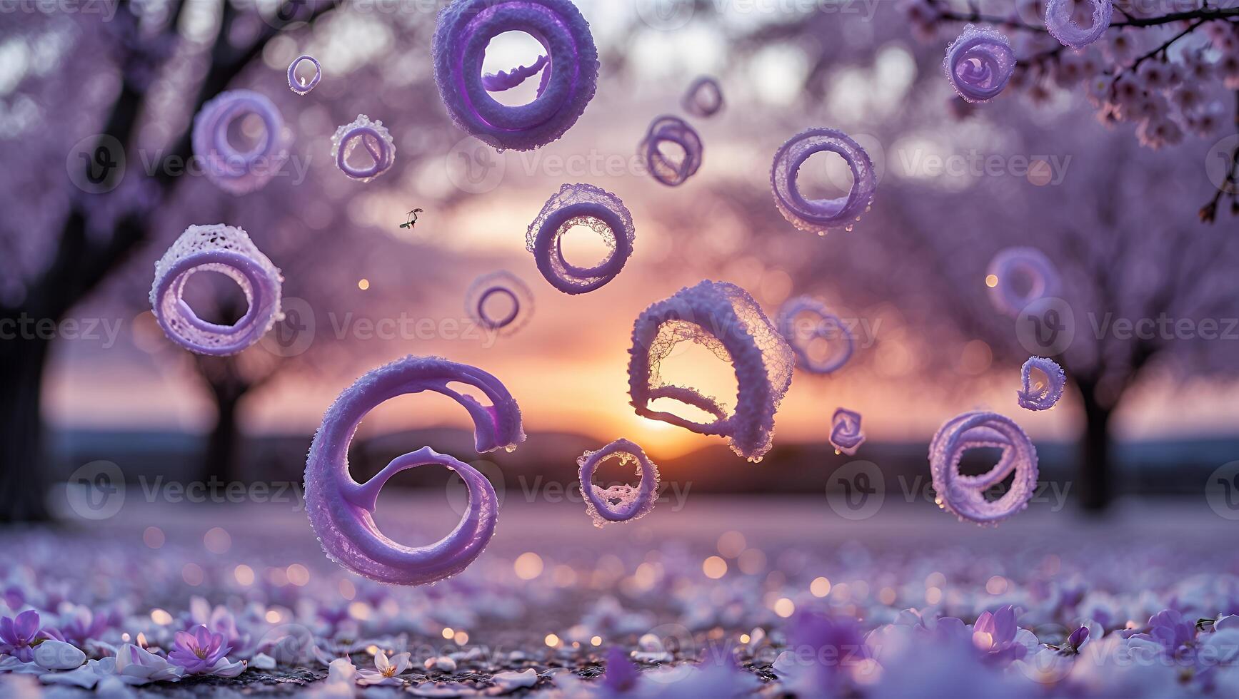 Floating Lavender Rings in Springtime Field at Sunset Creates Dreamy Scene photo