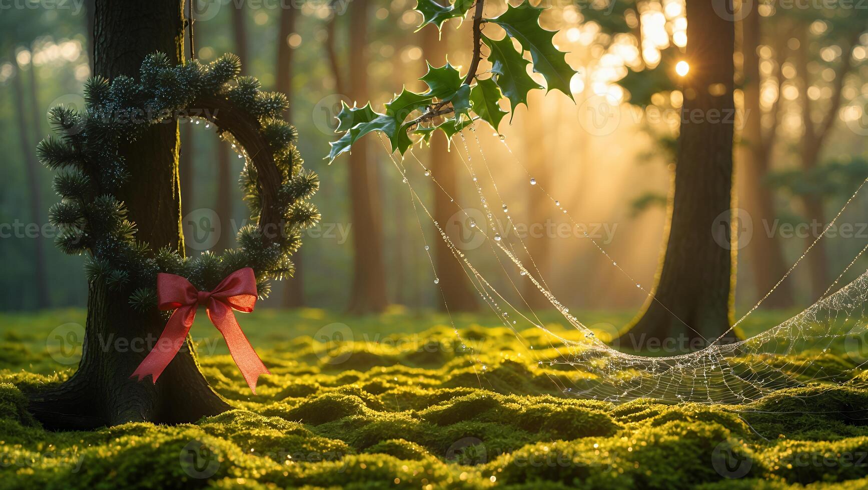 Festive Wreath on Tree in Forest with Spiderweb and Sunlight photo