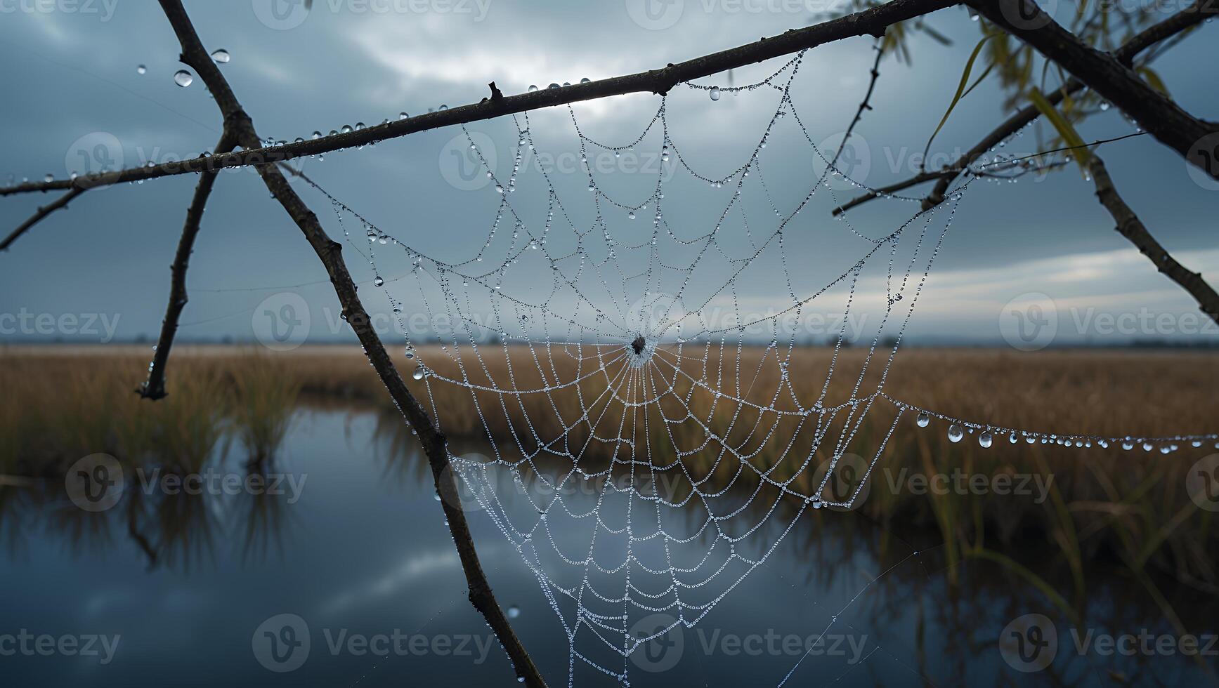 Spiderweb with Water Droplets Hanging on Branch in Wetland Area photo