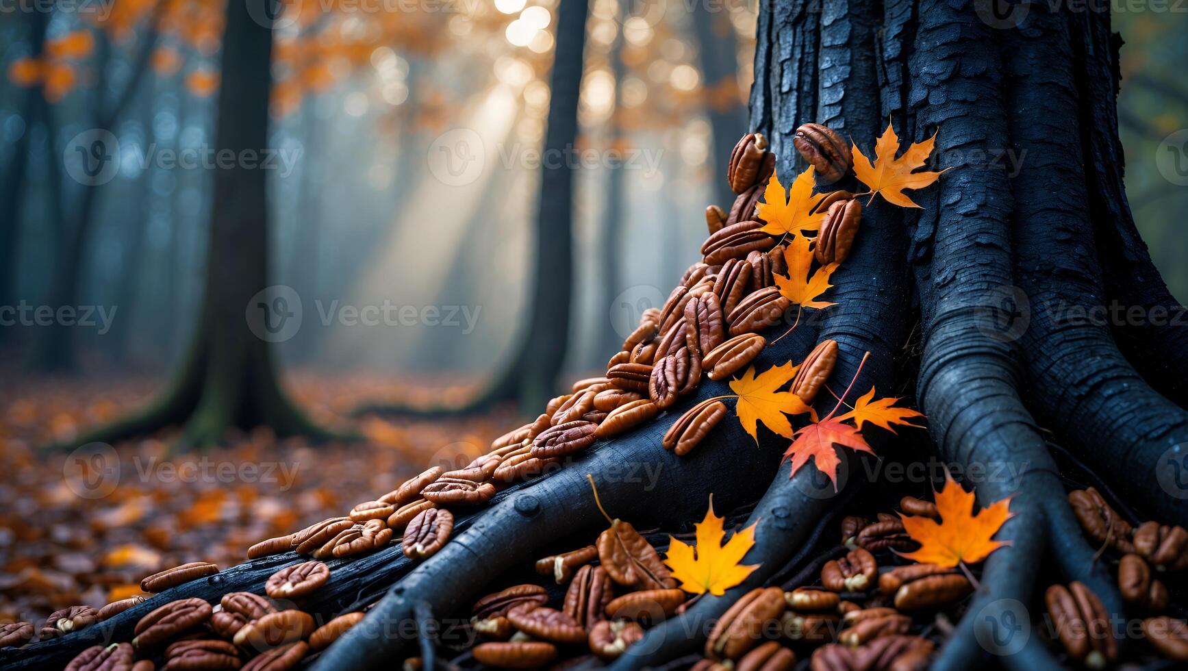 Pecan Nuts and Autumn Leaves Around Tree Roots in Forest photo