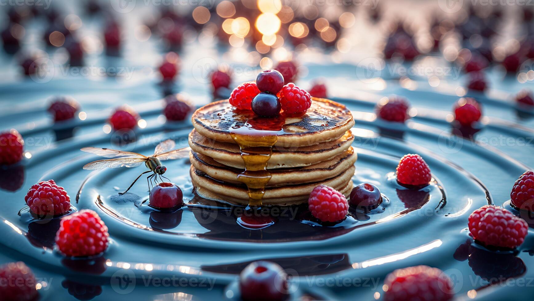 Stack of Pancakes with Berries and Syrup on a Unique Plate photo