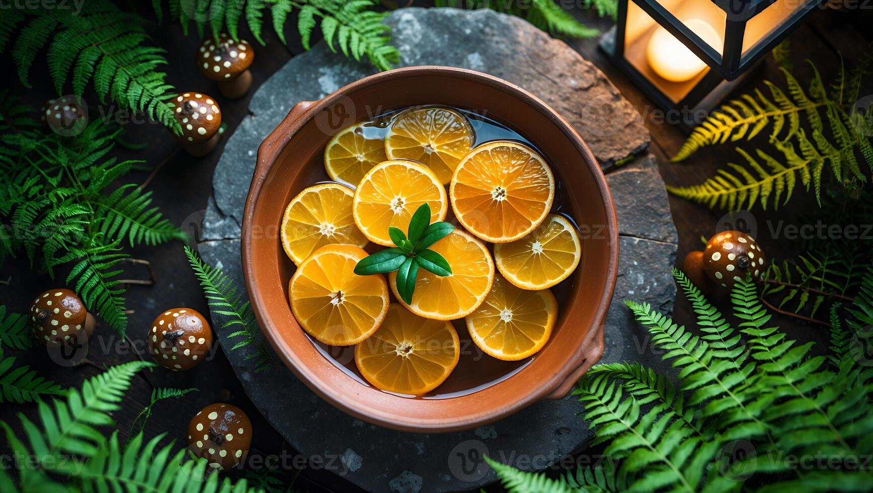 Orange Slices in Bowl with Ferns and Decorative Mushrooms Still Life photo