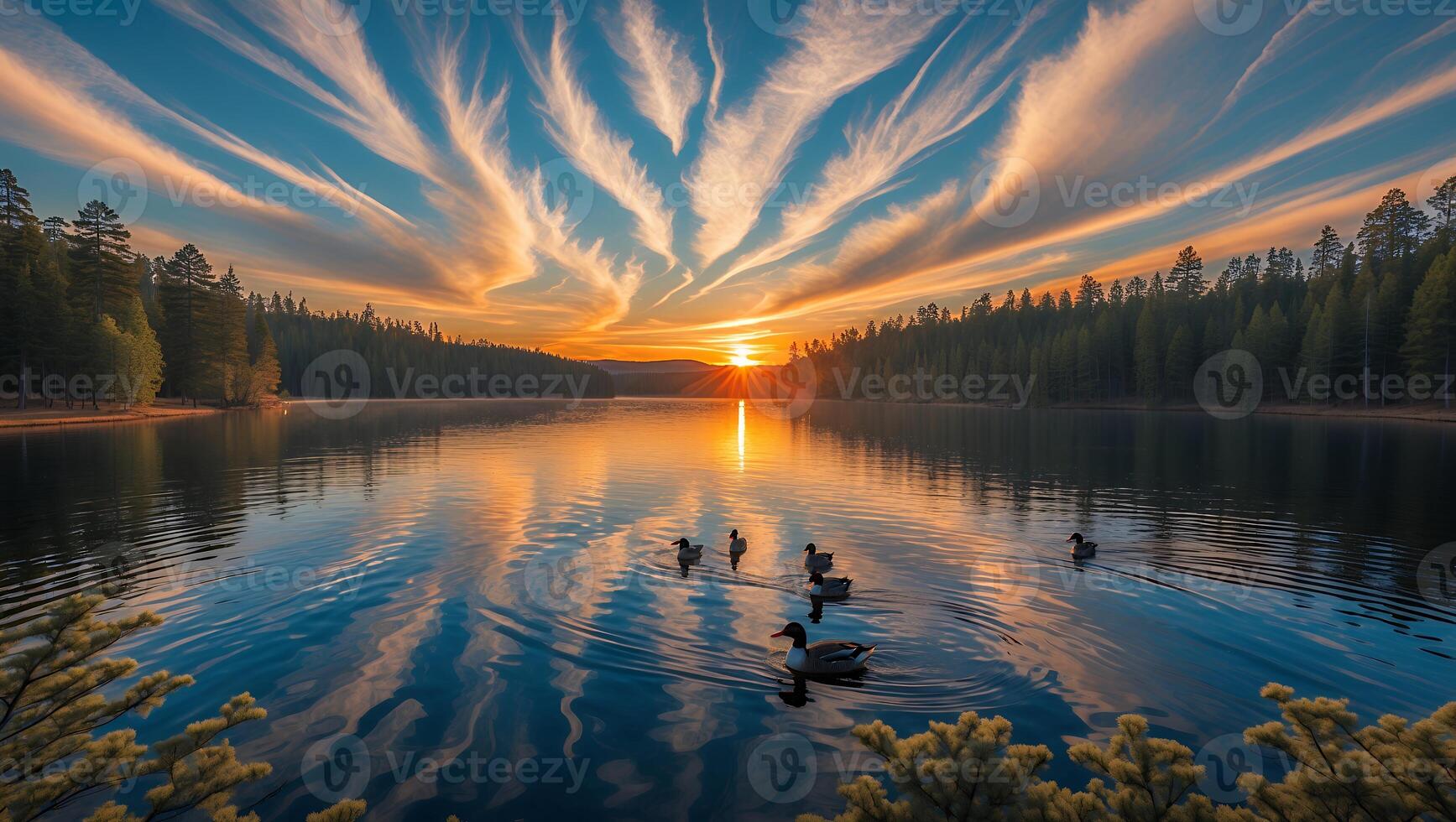 Ducks Swimming on Calm Lake at Sunset with Striking Clouds photo