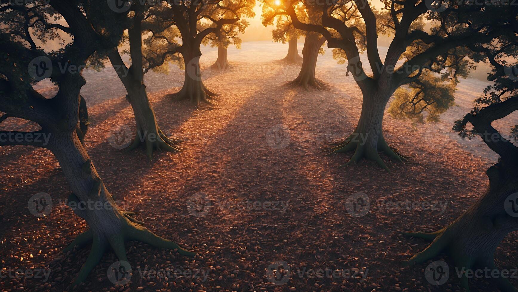 Trees Casting Long Shadows at Golden Hour Over Leafy Ground photo