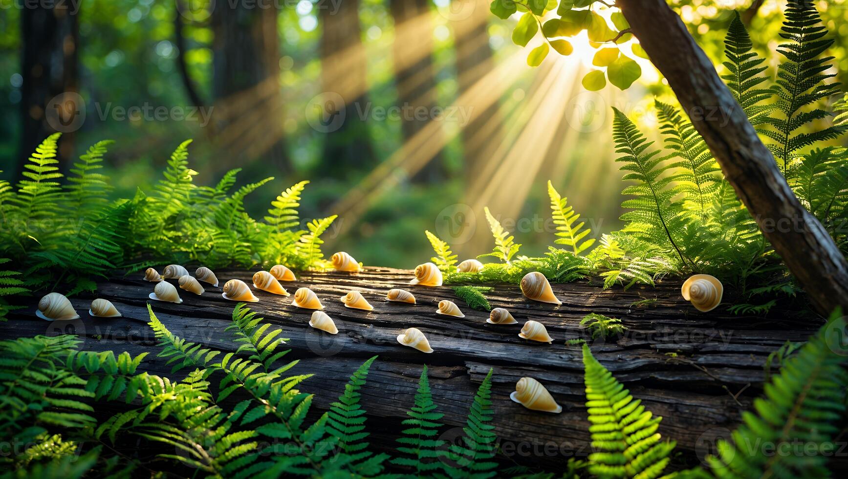 Snails on Log with Ferns and Sunlight in Forest Setting photo