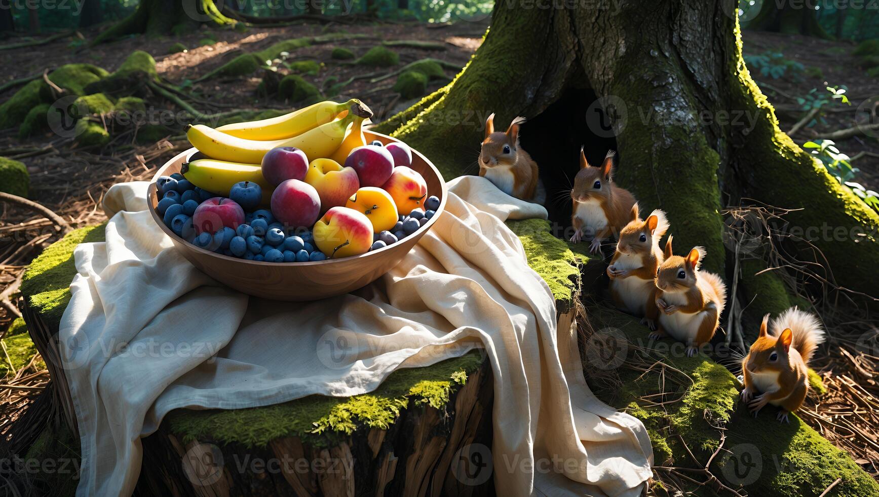 Squirrels Looking at Fruit Bowl on Tree Stump in Forest photo
