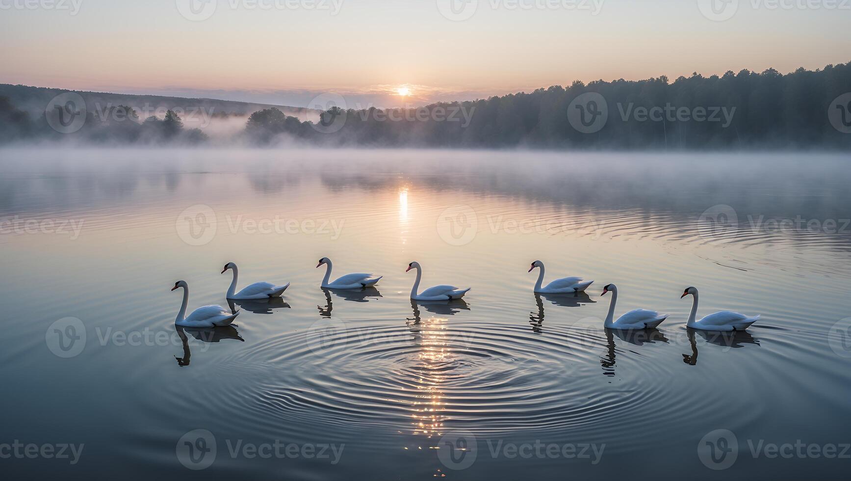 Swans Swimming on Misty Lake at Sunrise Creating Water Ripples photo