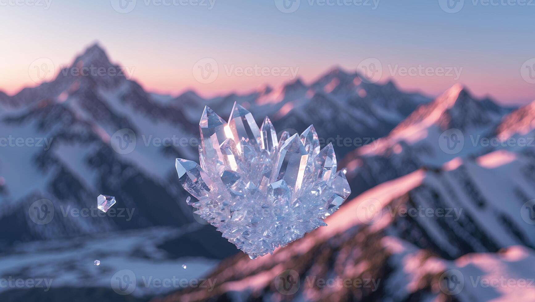 Floating Crystal Formation Against Snowy Mountain Peaks at Sunrise photo