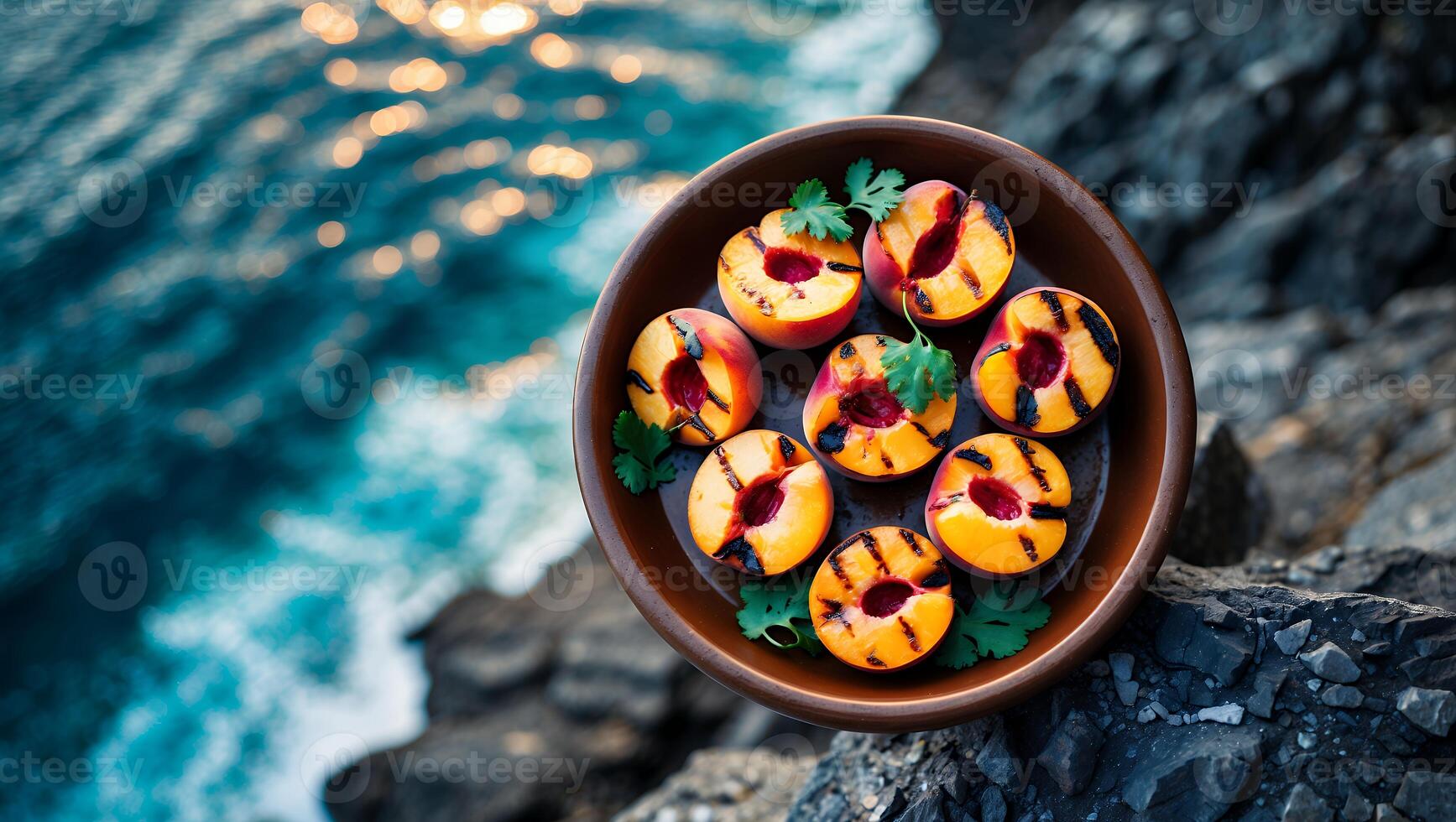 Grilled Peach Halves in a Bowl Against Ocean Rock Background photo
