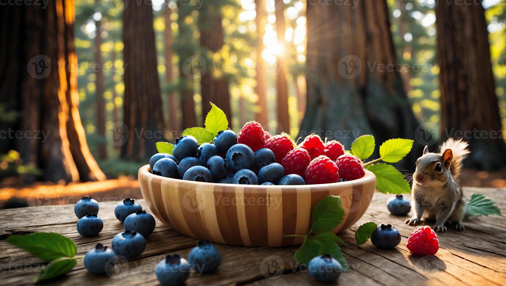 Bowl of Fresh Berries in Forest Setting with Squirrel photo