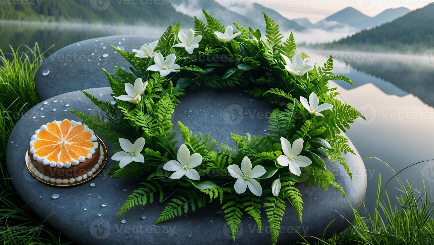 Floral Wreath and Orange Cake on Stone Near Lake Serenity photo