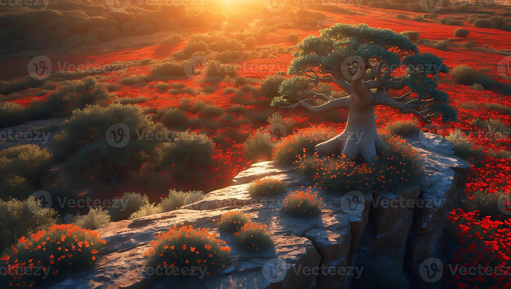 Lone Tree on Cliff Overlooking Field of Orange Flowers at Sunset photo