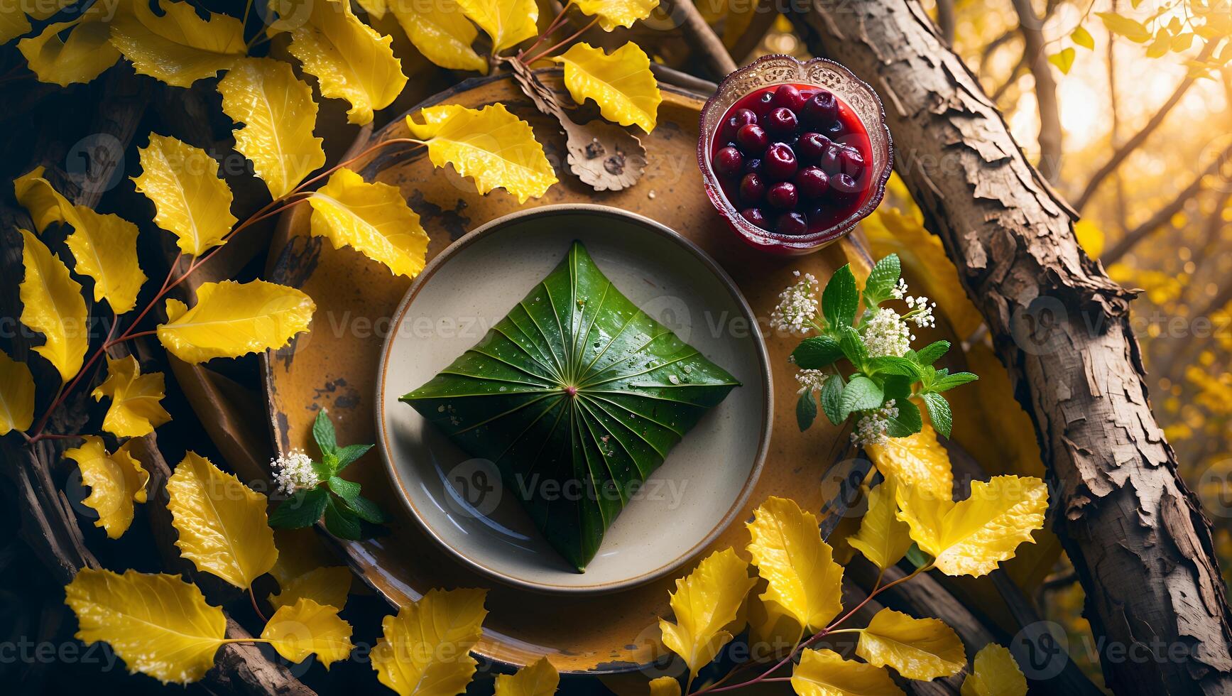 Overhead Shot of Leaf Wrapped Food and Cherries in Autumn Setting photo