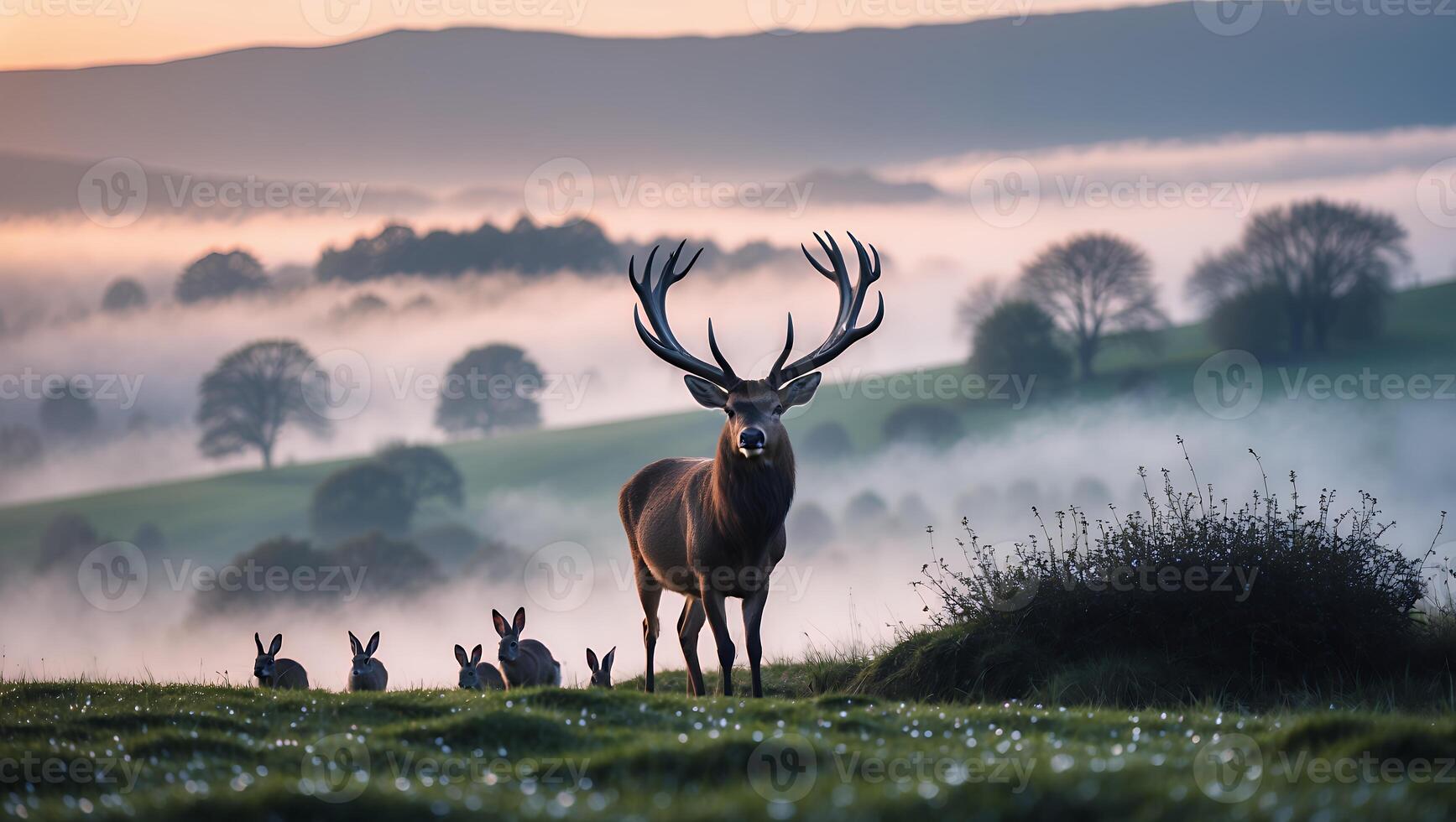 Deer and Rabbits Standing in Misty Meadow at Dusk photo