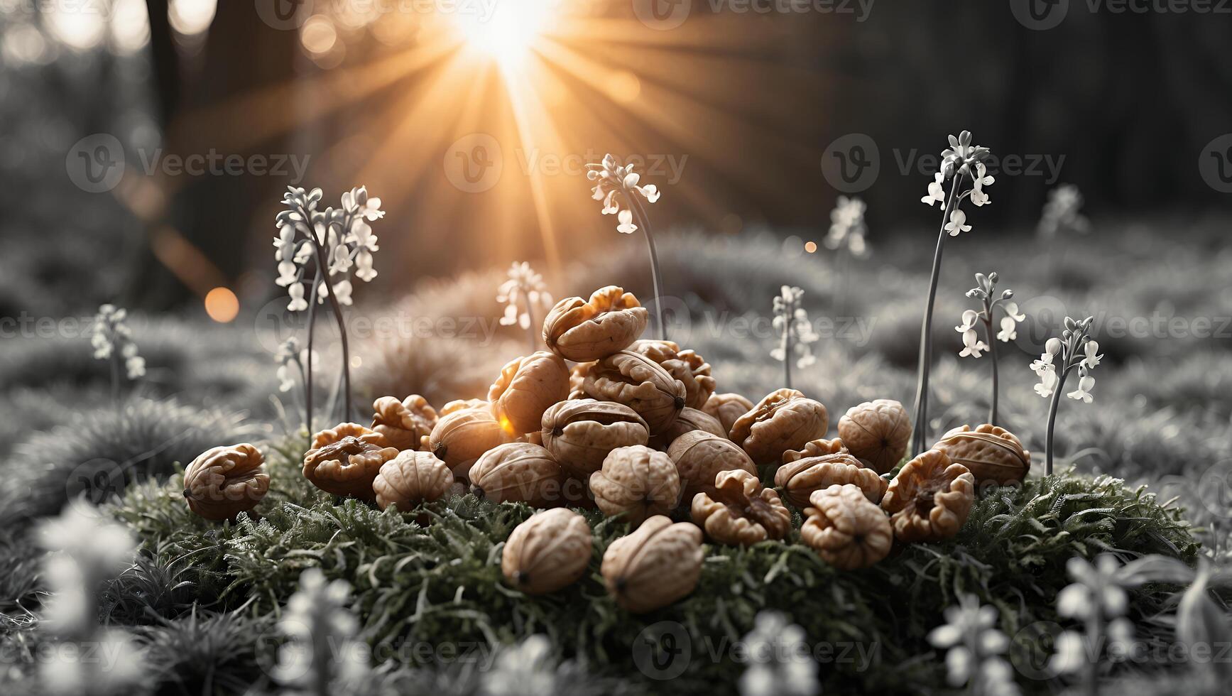 Pile of Walnuts on Moss with Flowers in a Forest Sunlight photo