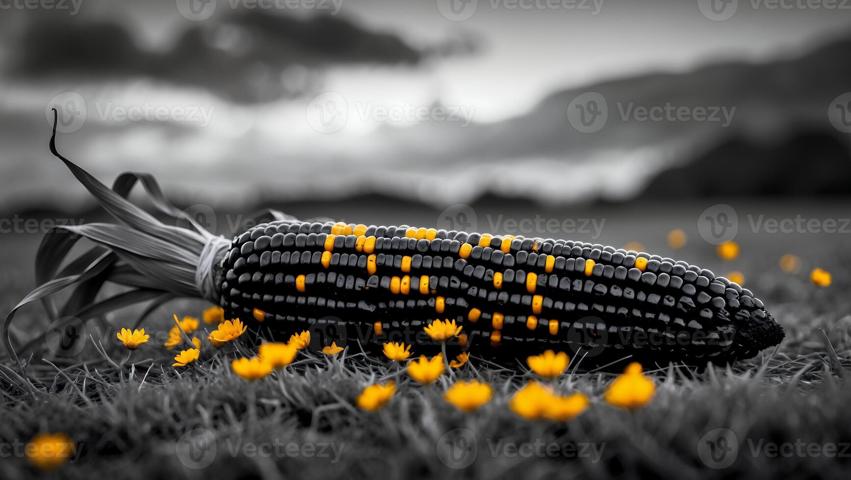 Black Corn Cob Lying on Grass with Yellow Wildflowers in Field photo