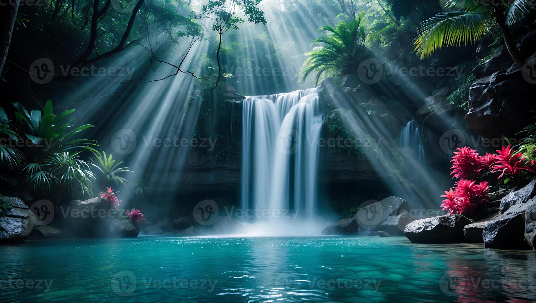 Waterfall Flowing Into Turquoise Pool with Sunlight Streaming Through Trees photo