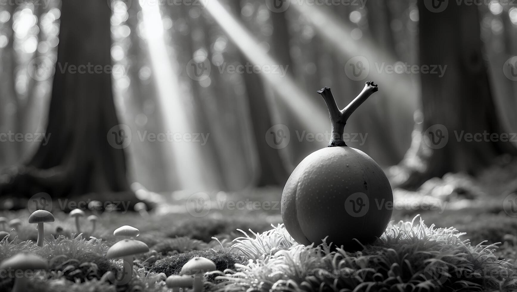 Fruit with Stem in Forest Scene with Mushrooms and Sunlight photo