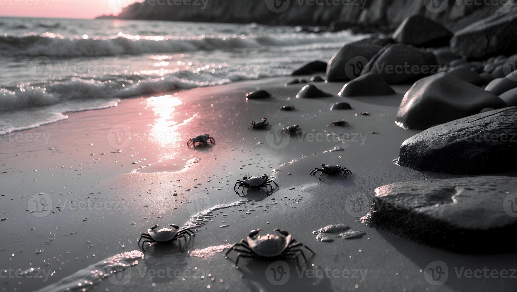 Crabs Walking on Sandy Beach at Sunset Near Ocean Waves photo