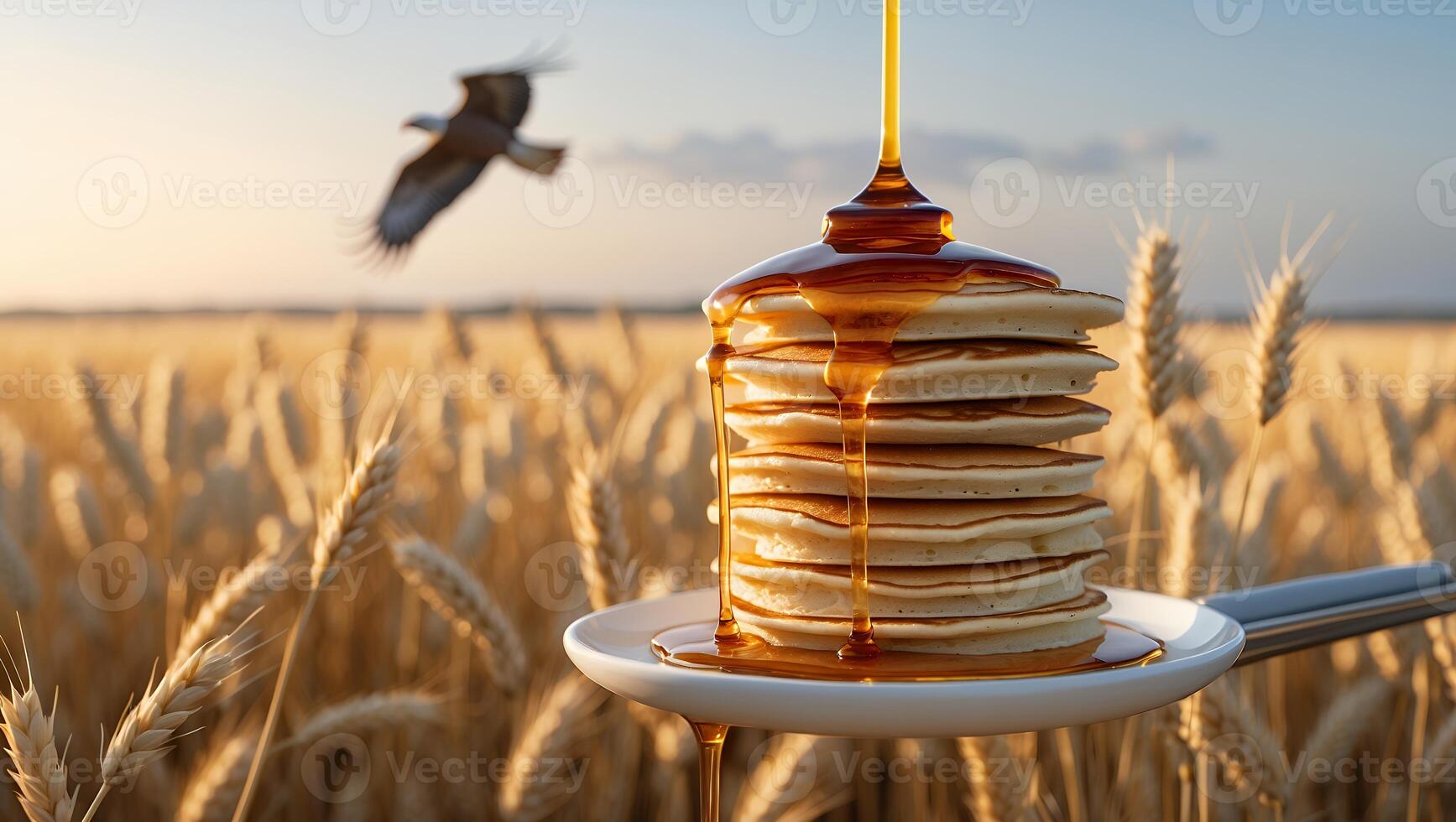 Pancake Stack with Syrup Pouring in a Golden Wheat Field photo