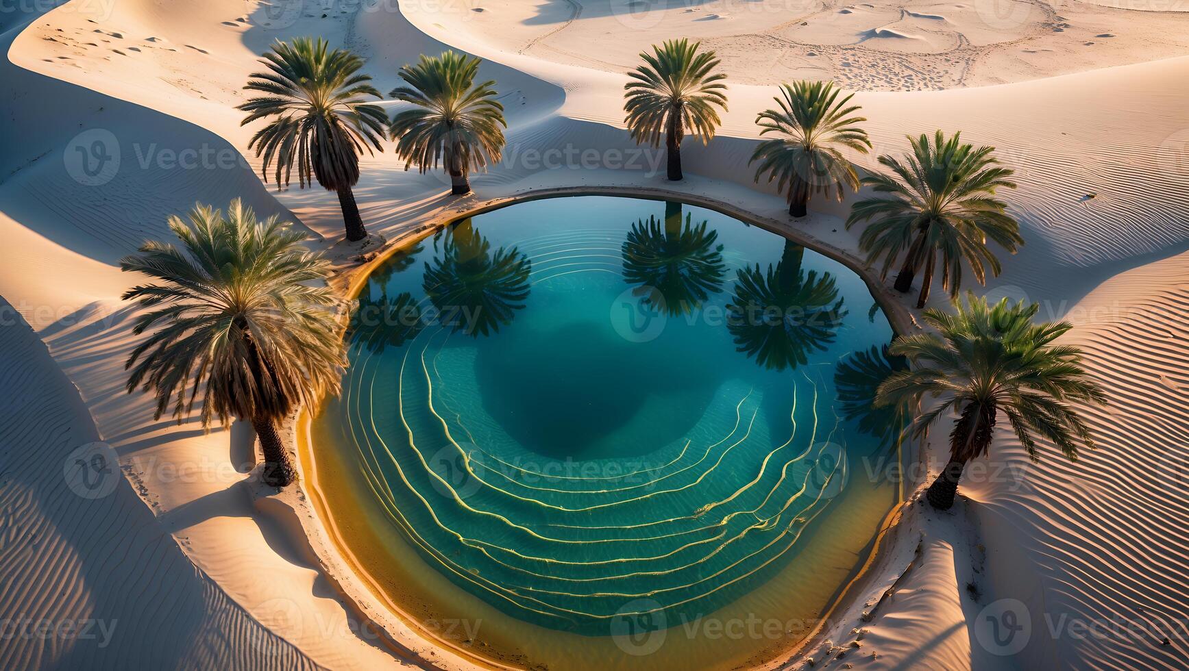 Oasis in Desert with Palm Trees Reflecting in Clear Water photo