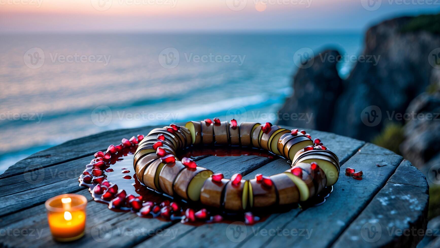 Elegant Dessert Wreath on Rustic Table Overlooking Scenic Ocean View photo