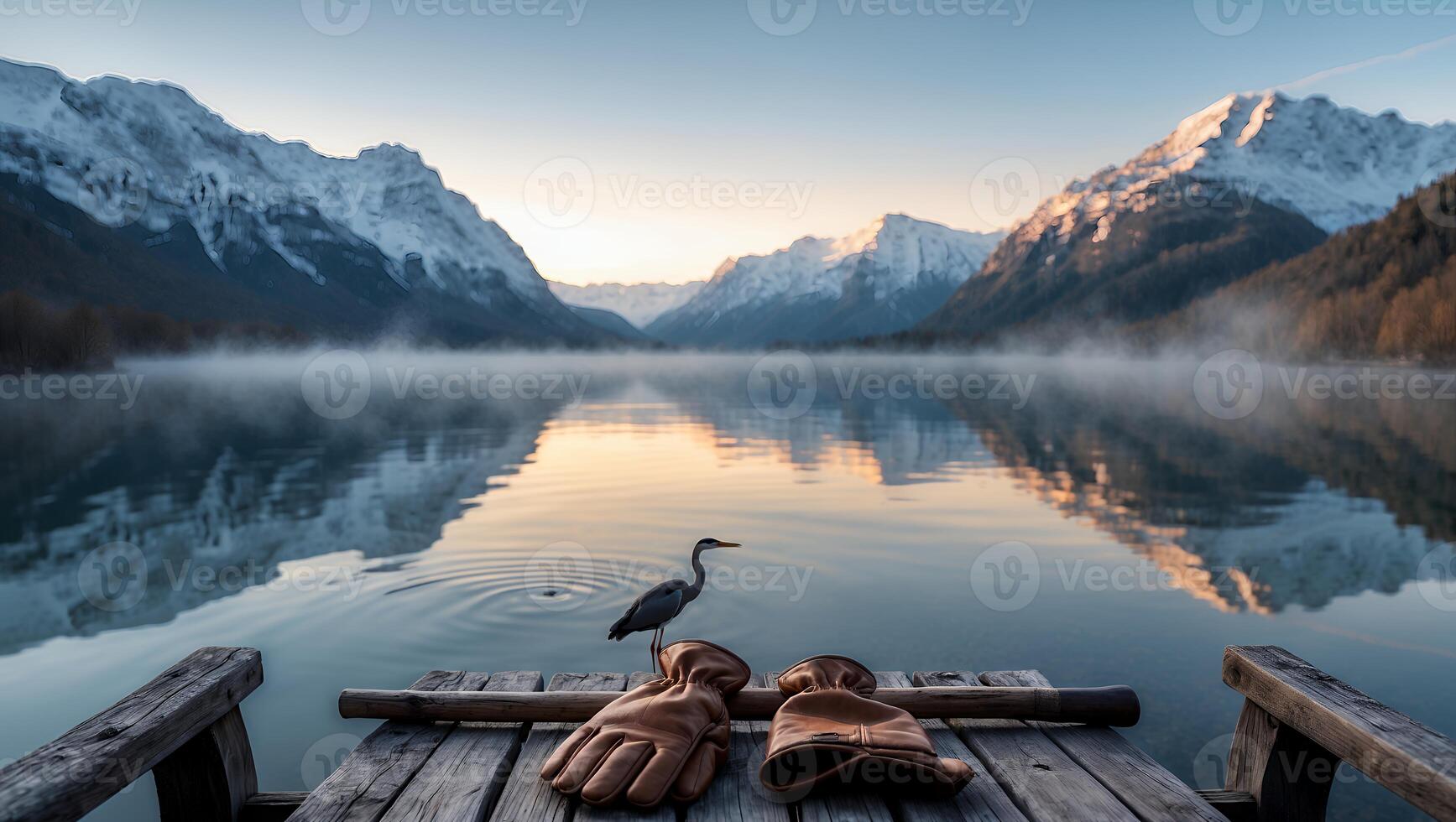 Tranquil Lake Scene Gloves Heron on Wooden Dock Snow Mountains photo